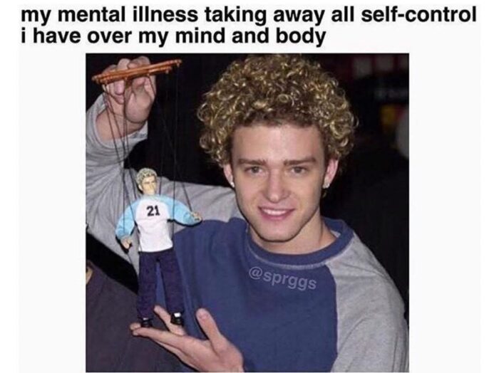 Young man with puppet representing mental health struggles and loss of self-control.