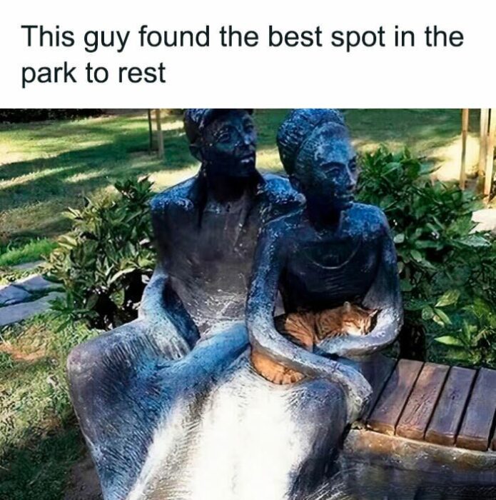 Bronze sculpture of a couple with a sleeping cat in a peaceful park setting.