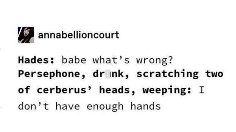 Persephone managing Cerberus heads, overwhelmed and crying, in a humorous mythological underworld scene.