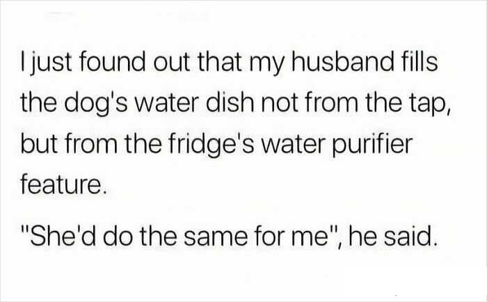 Husband fills dog’s water dish with purified fridge water, showcasing thoughtful pet care.