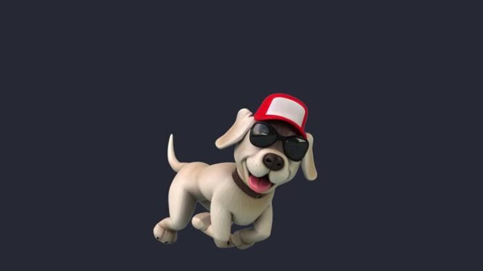 Cheerful animated dog in sunglasses and red cap running with joy.