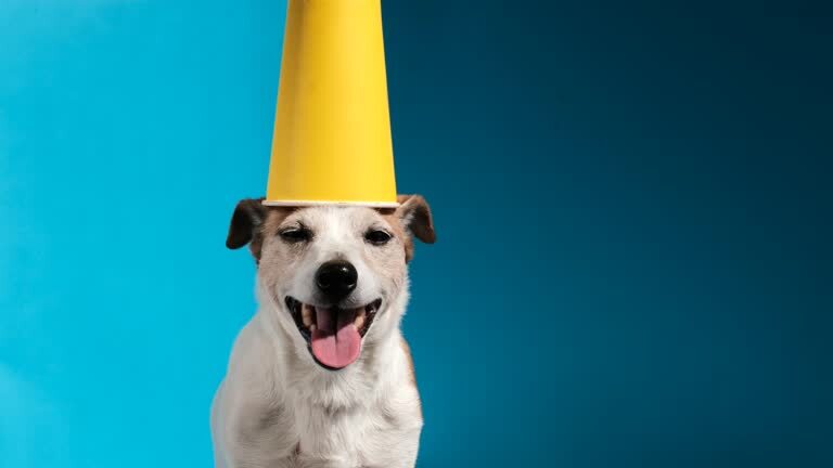 Adorable dog with party hat, smiling against vibrant blue background.