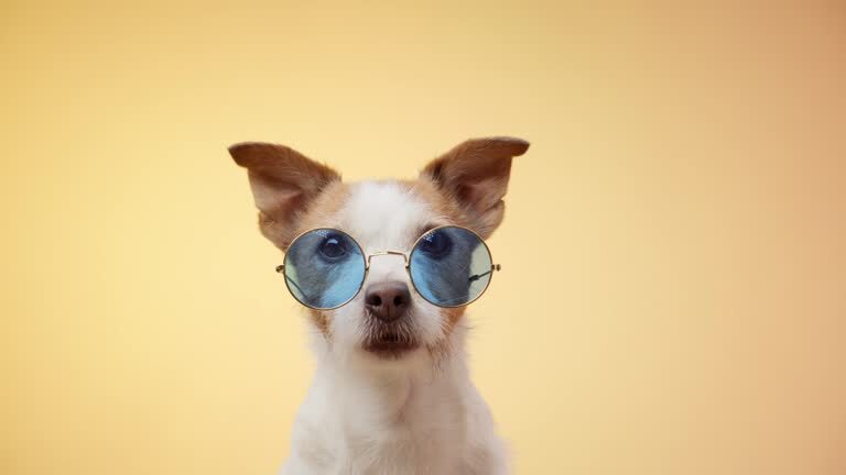 Adorable dog with sunglasses, playful pet in sunny summer scene, cheerful and trendy furry friend.