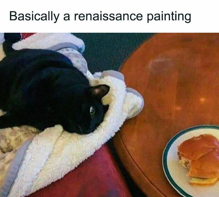 Black cat lounging on cozy blanket near sandwich, evoking Renaissance painting vibes.