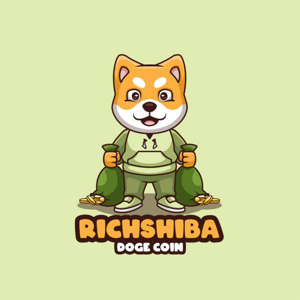 Cute Shiba Inu mascot holding coin bags for RichShiba and Dogecoin cryptocurrency.