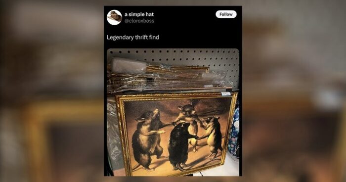 Vintage thrift store artwork of whimsical rats dancing with ornate gold frame.