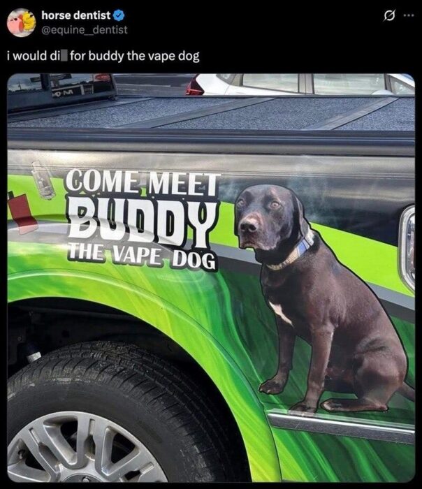 Vape dog Buddy truck artwork promoting friendly vaping culture and pet-inspired marketing design.
