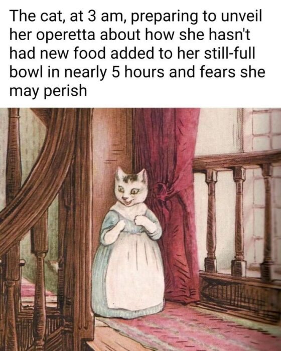 Victorian-style cat dressed theatrically, humorously demanding food in an elegant vintage interior.