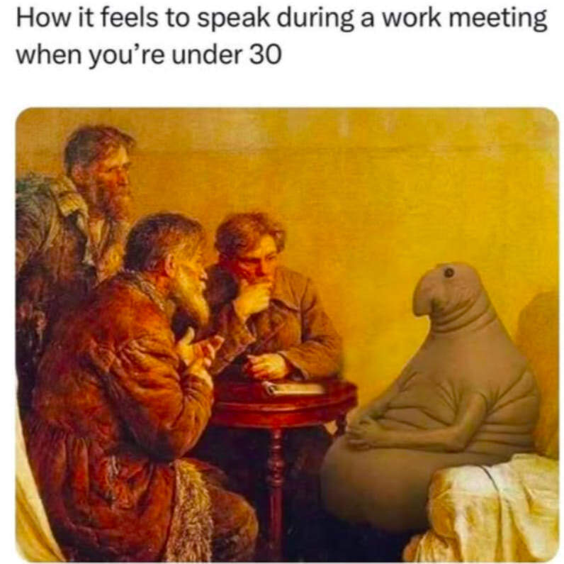 Humorous artwork illustrating generational clash and youths awkwardness in professional meetings.