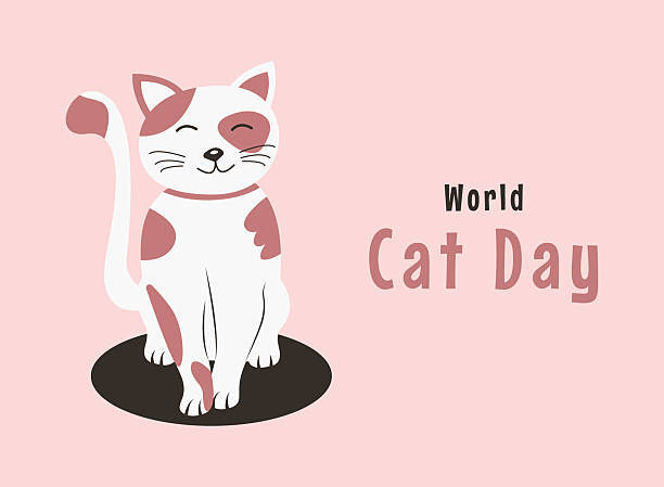 Cute white and beige cat illustration with World Cat Day text on pink background.