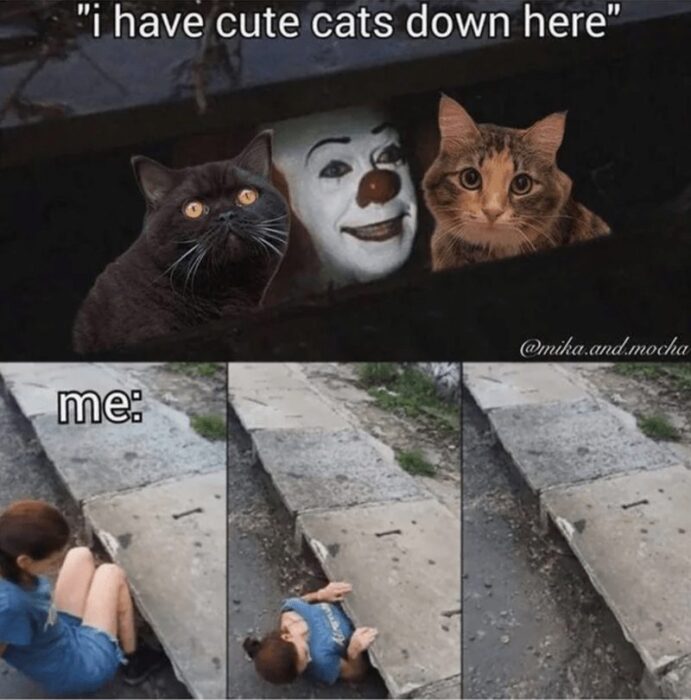 Humorous cat-themed scene with a girl climbing into a dark space, featuring clown and cat imagery.